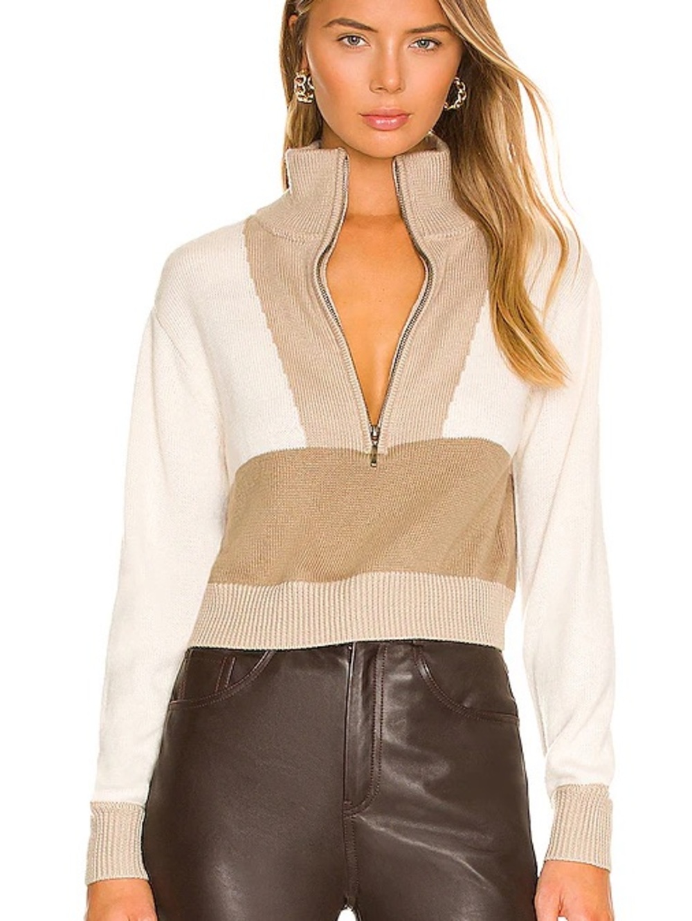 L’Academie Beige and Cream Half-Zip Pullover Sweater